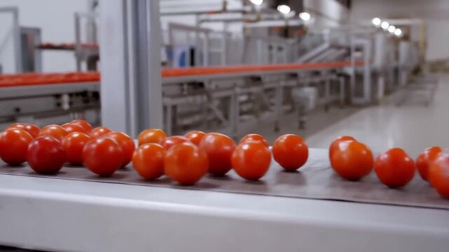 Tracking shot of identical tomatoes on an automated sorting conveyor in a high tech facility on a clean industrial background concept of precision and efficiency in food production