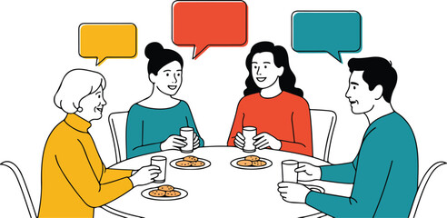 Group of Senior Friends Talking and Having Tea Together in a Caf&eacute; Vector Illustration