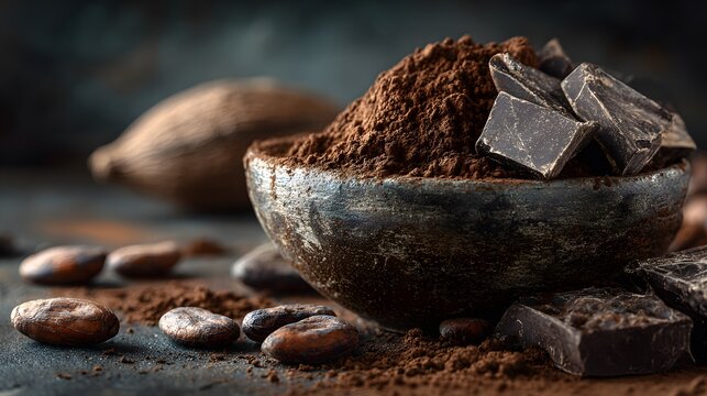 Fine dark cocoa powder in a rustic clay bowl features chunks of raw chocolate and cacao beans under moody lighting on a dark textured surface.