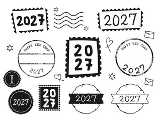 2027年の郵便スタンプ風のかわいい素材セット 白黒