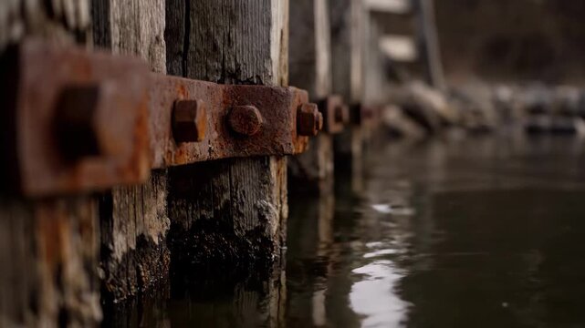 Close-up of rusted metal fasteners on weathered wooden pilings in murky water, highlighting corrosion, decay, and textured reflections.
