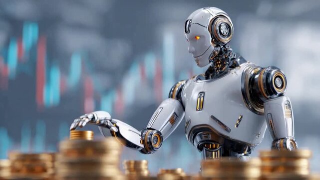 Robot AI Building the Tower of Coins: A futuristic robot AI meticulously stacking coins, symbolizing financial growth and technological advancement in front of blurred trading charts.
