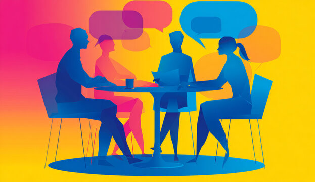Silhouettes of three people engaging in a discussion around a round table with speech bubbles in a colorful gradient background