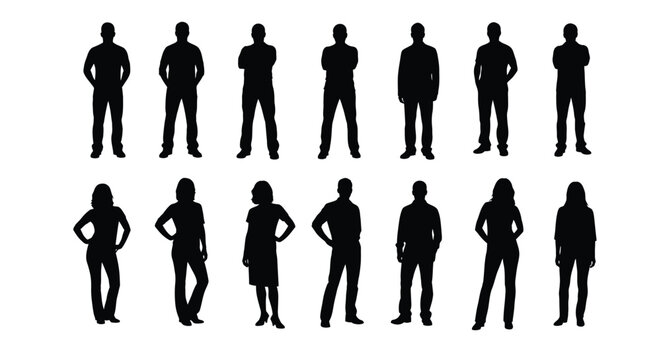 Collection of diverse male and female standing human figure silhouettes in various casual and business poses isolated on a white background for graphic design use
