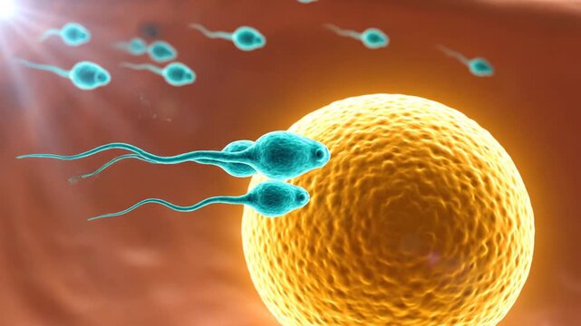 Sperm Fertilizing Egg Cell With Bright Backlight in Orange Tubular Background Showing Human Reproduction System and