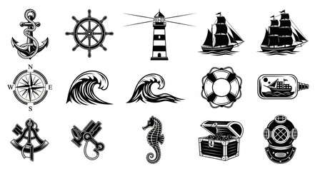 Nautical Icons Collection Vintage Style Marine Symbols. © emo