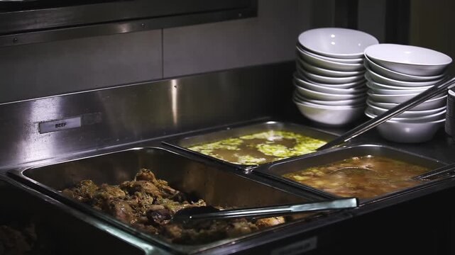 Hot food buffet with beef and soup in metal trays Professional catering kitchen serving meals cafeteria food line close up Warm prepared food for lunch or dinner Industrial food service