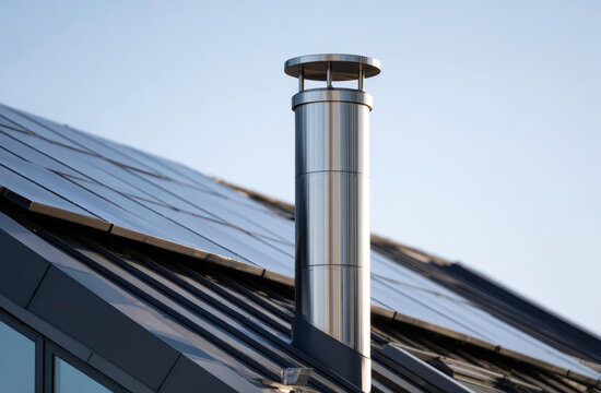 Sleek stainless steel chimney vent on modern building roof with solar panels, emphasizing contemporary architectural design and durable metal materials
