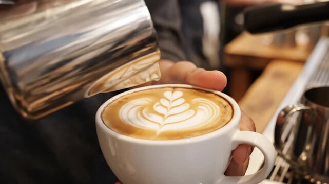 Barista pours steamed milk for latte art in a coffee shop