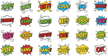 Set of colorful comic speech bubbles with halftone effects and pop art sound effects phrases flat vector illustration © NURUL