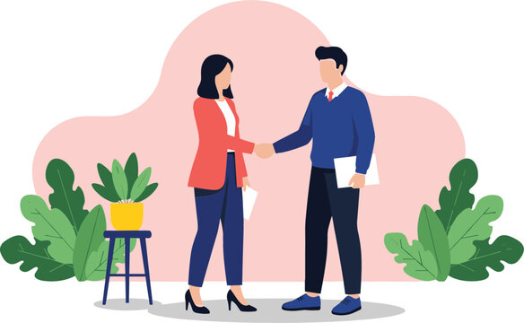 Business woman and man shaking hands for partnership agreement deal success and professional recruitment flat vector illustration isolated