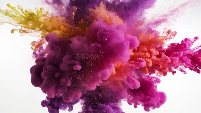 Vivid clouds of purple, orange, yellow, and pink smoke burst outwards
