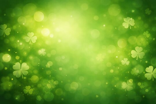 Vibrant green background with shamrocks and bokeh lights