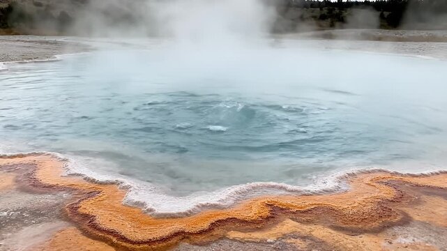 Geothermal Hot Spring Pool with Steam and Orange Mineral Edge