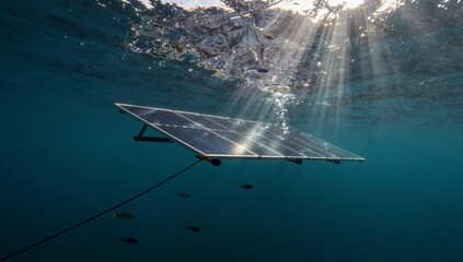 Fototapeta premium An underwater solar panel is submerged beneath the ocean surface with sunbeams piercing the water