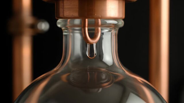 Single drop of pure spirit forming on copper still during distillation