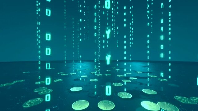 Vertical pan of code morphing into gold coins on an obsidian field with subtle glow trails, sharp edges no distortions. Green binary rain morphs into gold coins on dark background 3D animation. High q