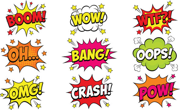 Set of comic book onomatopoeia speech bubbles with boom bang wow and crash exclamations in pop art style