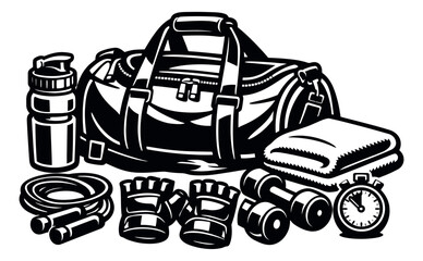 Obraz premium Bold line art fitness equipment set featuring a gym bag, water bottle, jump rope, gloves, dumbbells, and stopwatch for workout and healthy lifestyle designs