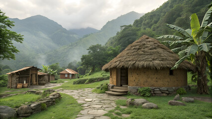 Obraz premium Traditional Indian Village Houses in Serene Mountain Landscape