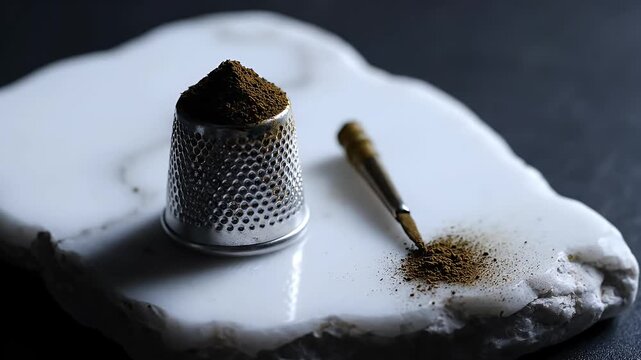 Fine Brown Powder in Thimble with Brush on White Stone Low Key Shot