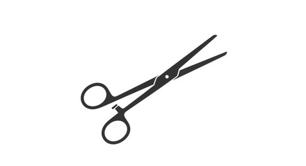 A close-up view of a pair of black scissors on a plain white background from a straightforward angle
