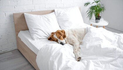 Dog asleep on a bed with white sheets and pillows