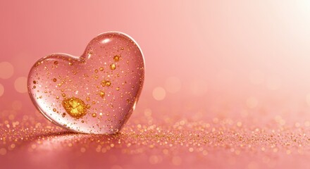 Obraz premium Sparkling heart-shaped gel with golden glitter and bubbles on a pink background
