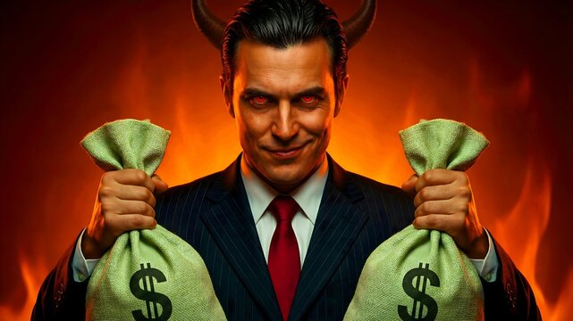 Sinister businessman with devil horns and glowing red eyes menacingly clutches two heavy burlap money bags filled with US dollar currency, embodying corporate greed.
