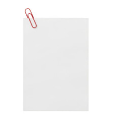 A white sheet of paper with a red paperclip attached to the top left corner