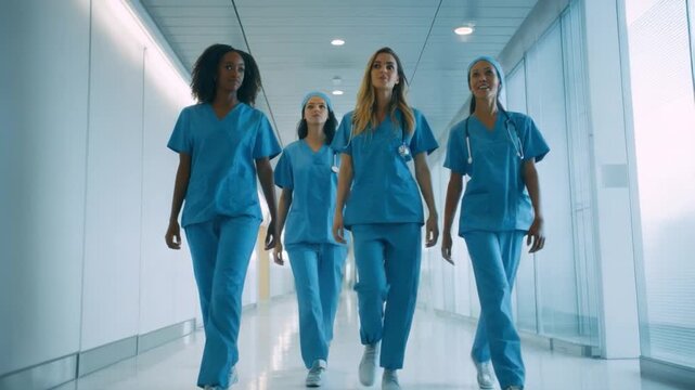 Forward March: A team of medical professionals strides confidently through a bright hospital corridor, their faces radiating determination and dedication.
