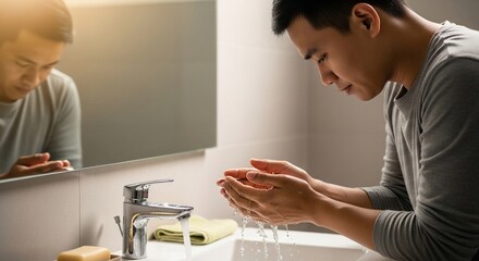 Man Washing Face in Bathroom Sink.