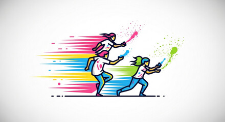 People celebrating Holi festival throwing colorful powder and water dynamic motion lines vector illustration for festive events and cultural celebrations