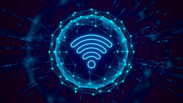 Neon blue glowing wifi signal icon radiating connectivity and data transfer within a futuristic, abstract digital network sphere graphic.