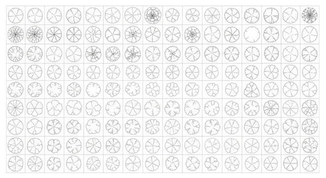 An organized grid of over 50 unique, black and white architectural drawings, each a detailed top-down plan view of a tree or shrub on a transparent background, a precise botanical design catalog