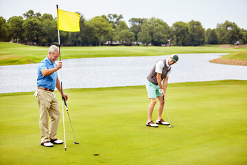 Obraz premium Sport, flag and fitness with men on golf course for hole in one, competition training and score. Game target, tournament goal and golfer club with friends outdoor for hobby, challenge and match