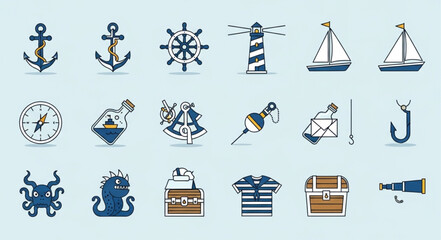 Nautical Icons Collection Marine Theme Symbols. © Chanyan