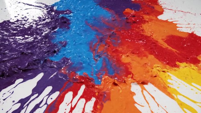 Vibrant multicolored paint splatters creating dynamic abstract art with rich textures and colorful visual appeal on canvas surface.
