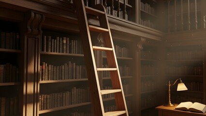 Obraz premium Old library interior with tall bookshelves and a wooden ladder