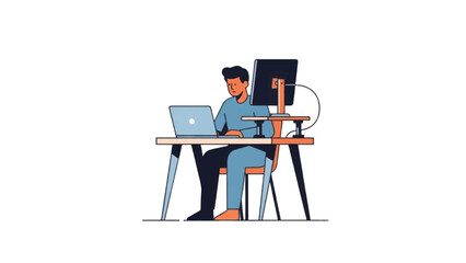 Fototapeta premium Man Working on Laptop at Desk 2.
