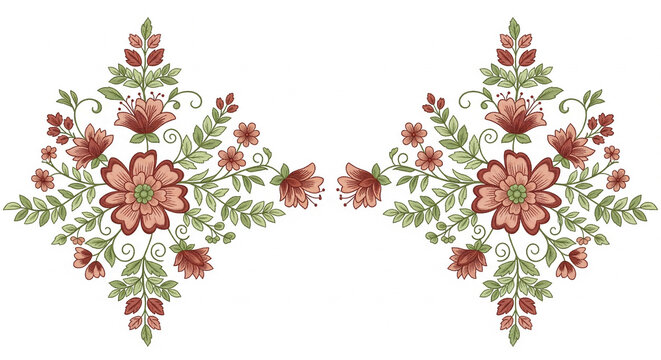 Vintage embroidery lace daman floral motif vector with ethnic flowers leaves and greenery seamless design on white background