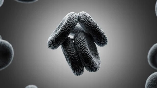 Microscopic 3D animation of cells transforming, developing spiky protrusions, and clumping. Illustrates biological processes.