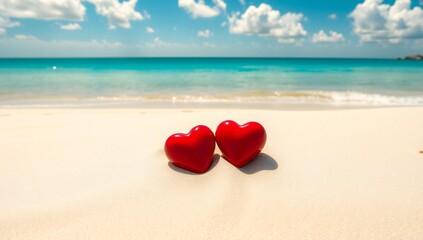 Fototapeta premium Two hearts on sandy beach