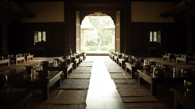Traditional Monk Dining Hall Setup with Golden Bowls and Backlighting