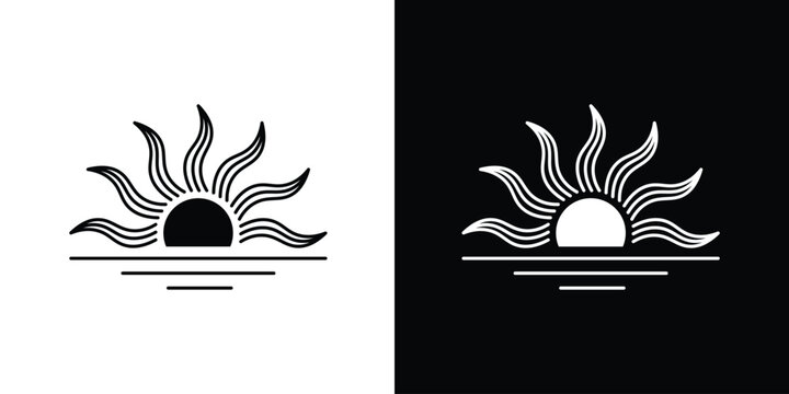 Abstract sun rising over water graphic logo in black and white for design and branding