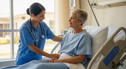 Nurse Comforting Senior Patient in Hospital Bed.