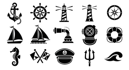 Nautical Icons Collection Featuring Ships and Marine Life. © Janahchan