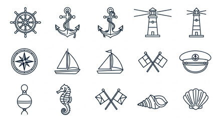 Nautical Icons Collection Featuring Ships Anchors Lighthouses and More. © Janahchan