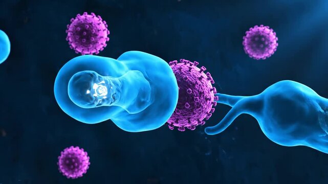 Microscopic animation of an immune cell actively engulfing a virus, illustrating the body's defense process.