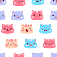 Obraz premium Colorful cute cat emojis seamless pattern with different expressions